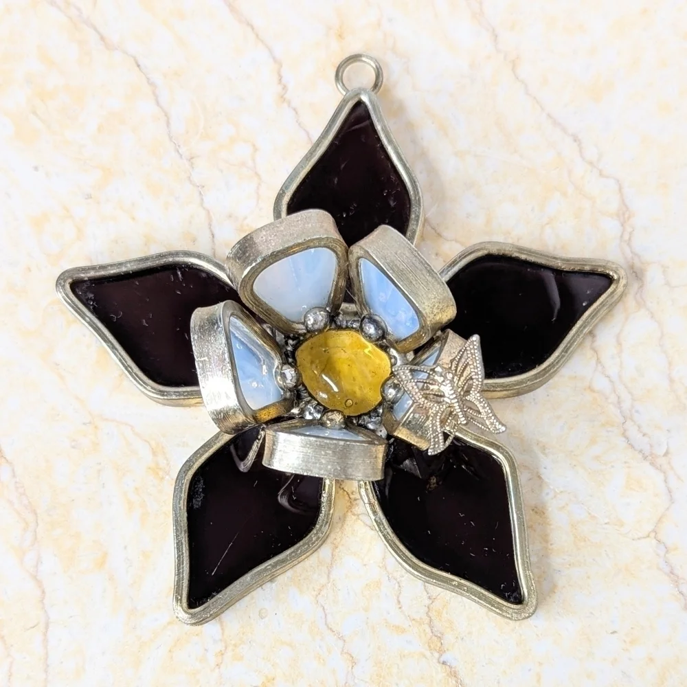 Vintage Stained Leaded Glass 3 Dimensional Flower Hanger With Butterfly Ornament